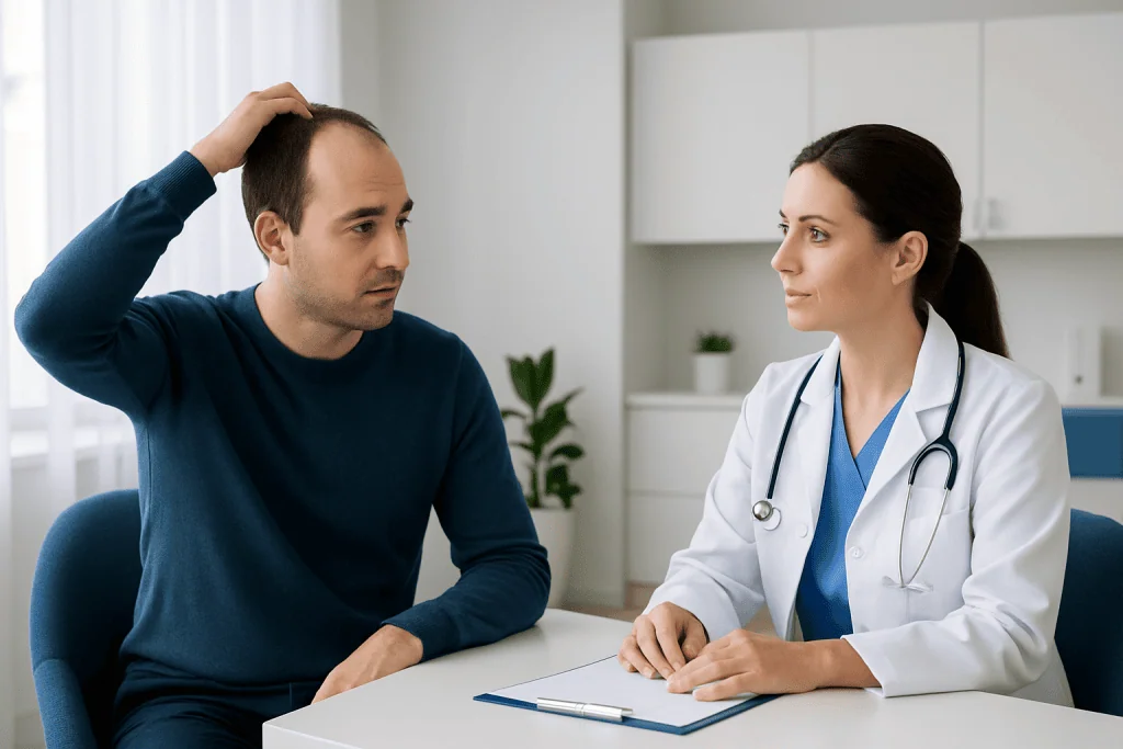 Patient consulting with doctor about hair transplant options at Acibadem Hospital.