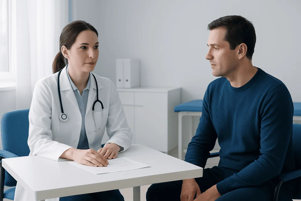 Doctor consulting patient in a clinical setting at Acibadem Hospitals Group.