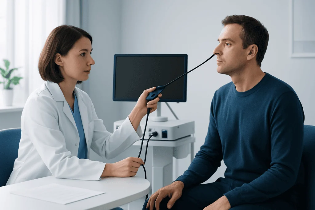 Doctor performs nasal endoscopy on male patient in clinic setting.