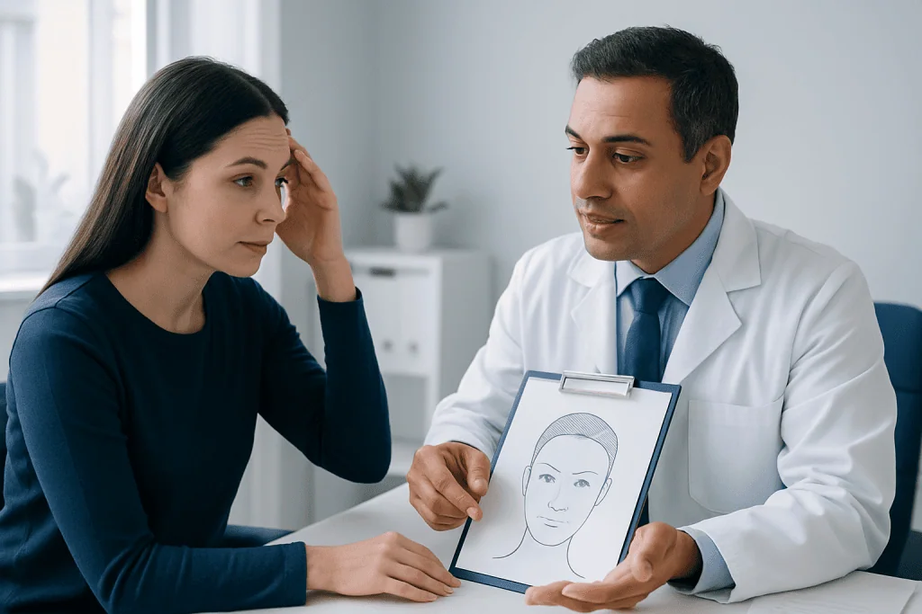 Consultation with a plastic surgeon about forehead reduction surgery options.