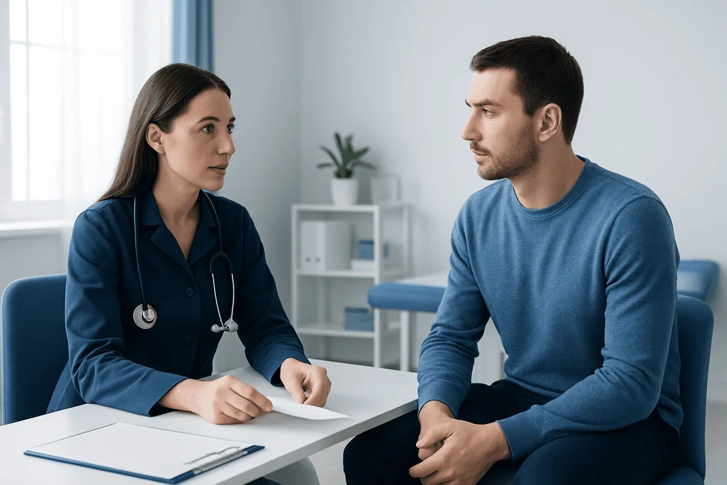 Doctor consulting with a male patient in a medical office.