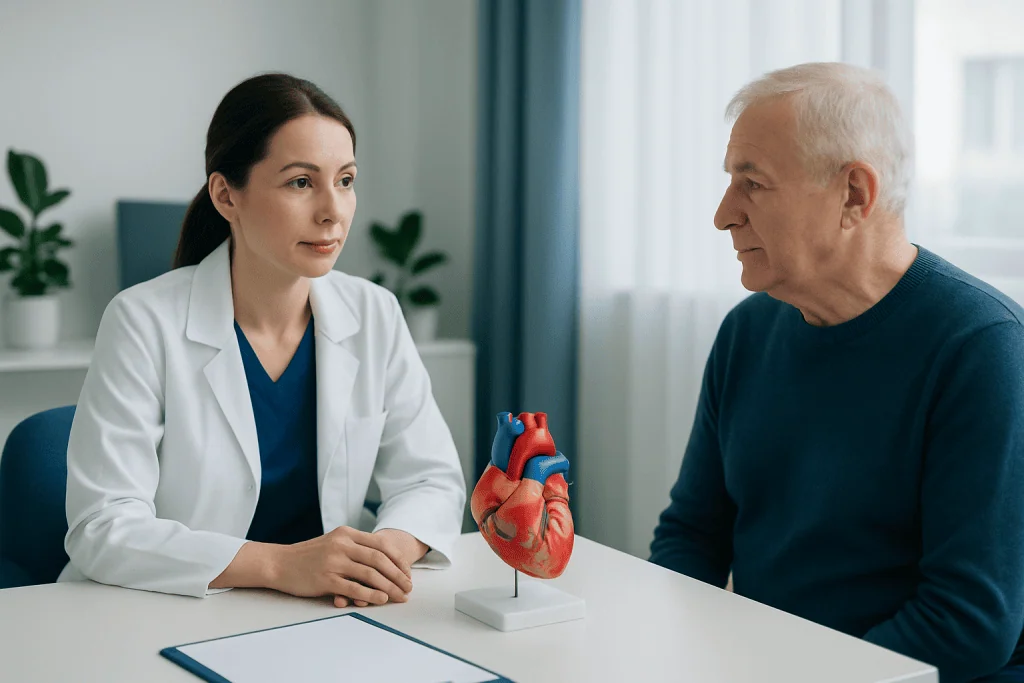 Doctor explaining heart health to an elderly patient with a model of a heart.