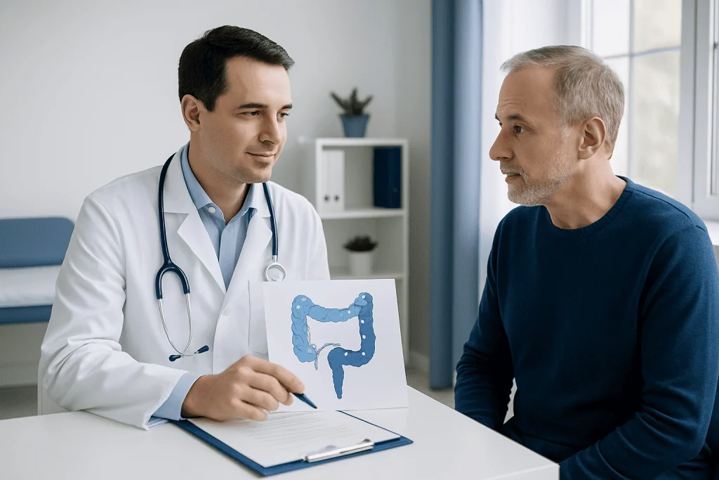 Doctor explaining colon diagram to patient in consultation room.