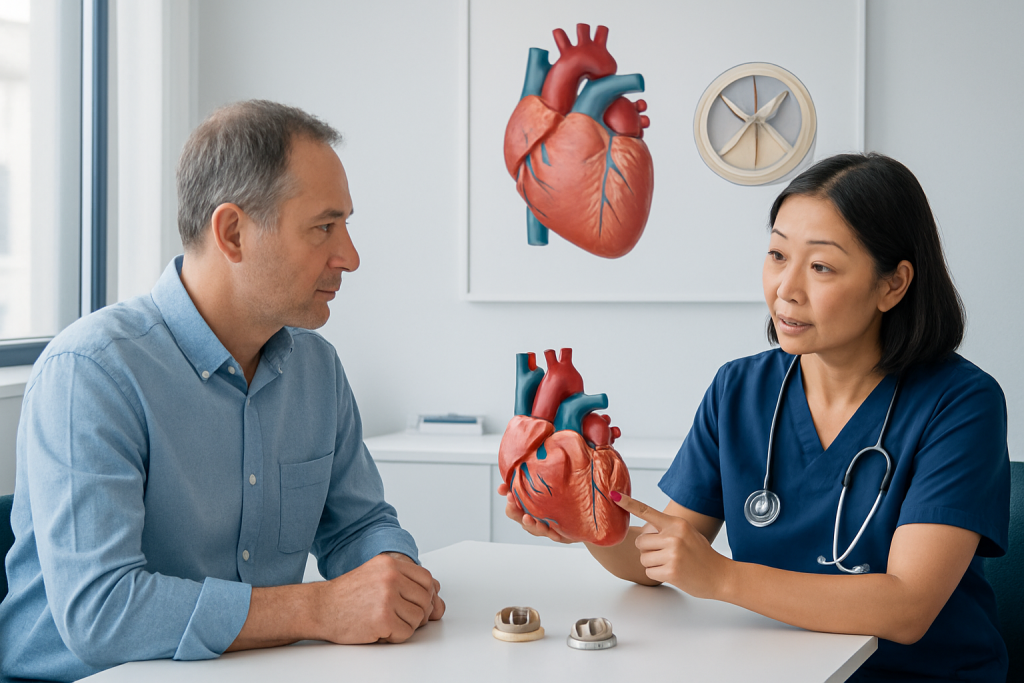 Doctor explaining heart anatomy to patient in a medical consultation.