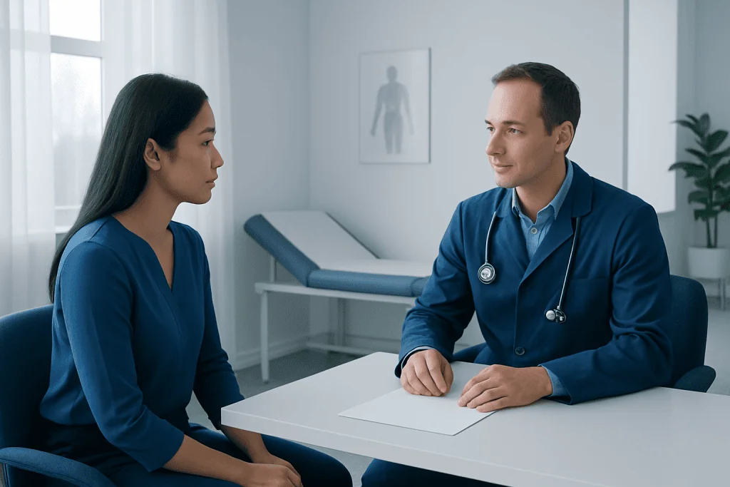 Doctor consulting with a patient in a modern hospital room.