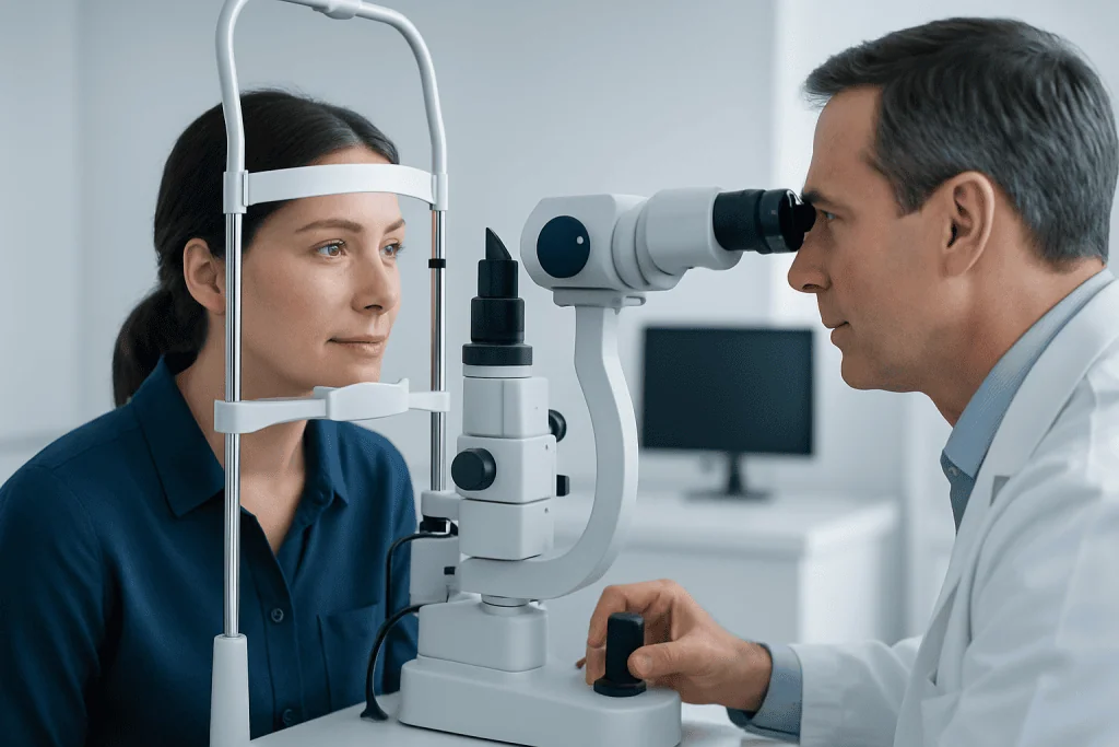 Optometry exam at a modern eye clinic with a doctor and patient.