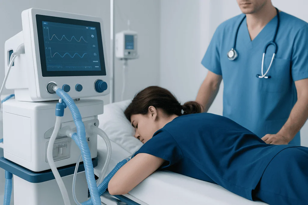 Patient in prone position receiving ventilator support in hospital.