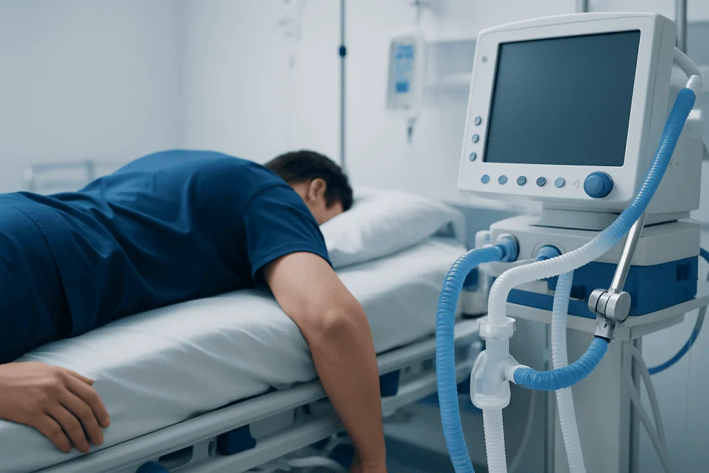 Patient lying on hospital bed connected to medical ventilator.