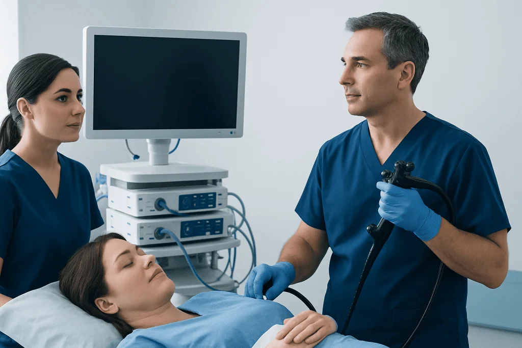 Medical professionals performing an endoscopy on a patient in a hospital setting.