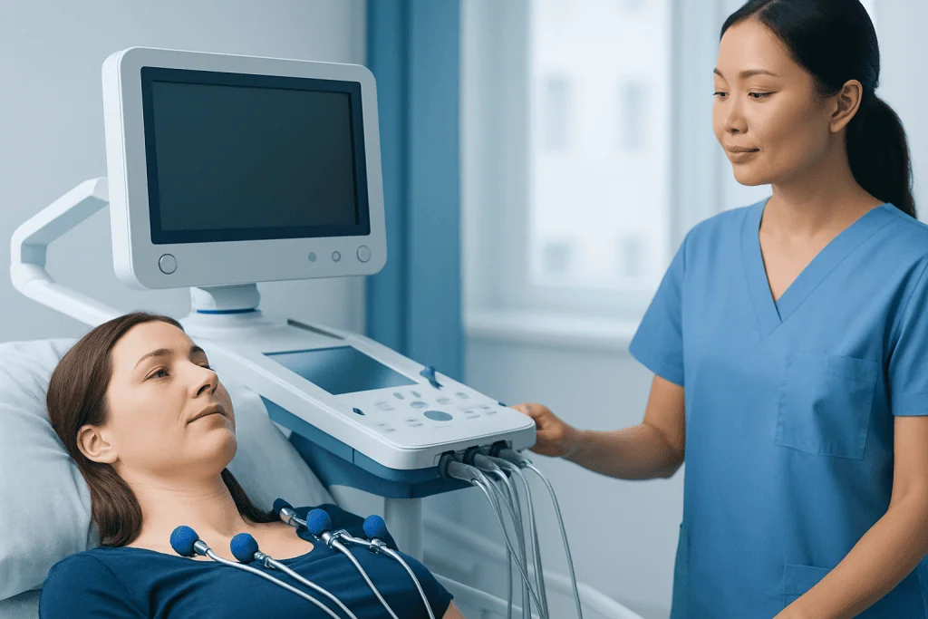 Medical professional performing an ultrasound on a patient in a hospital setting.