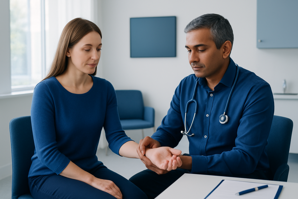 Doctor examining patient's wrist for radial artery assessment.