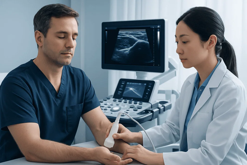 Medical professional performing ultrasound on patient's arm in clinic.