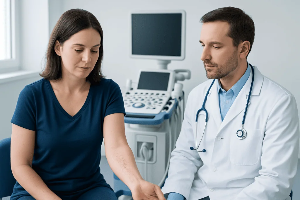 Doctor examining a patient's arm with a rash in a medical clinic.