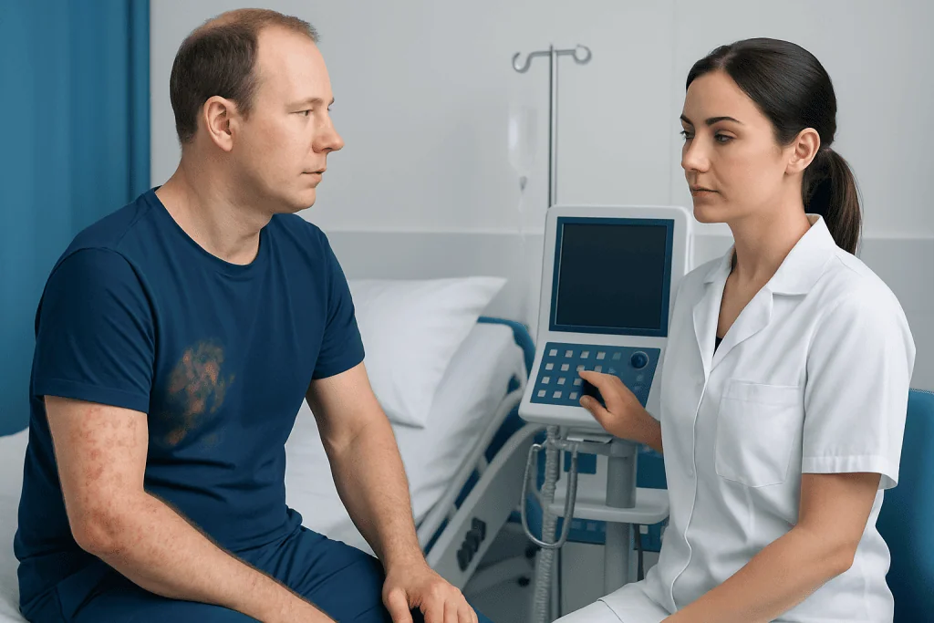 Doctor consulting patient with skin rash in hospital room.