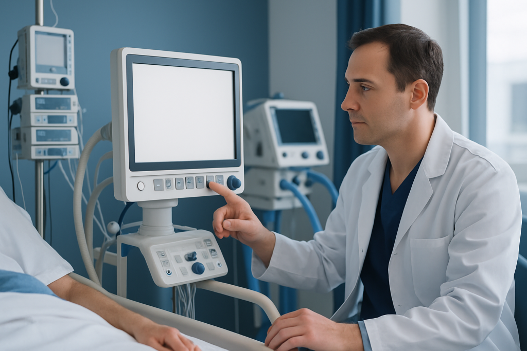 Doctor using medical monitor in hospital room for patient care.