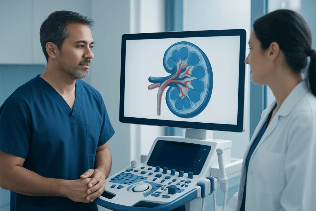 Medical professionals discussing kidney scan in a hospital setting.