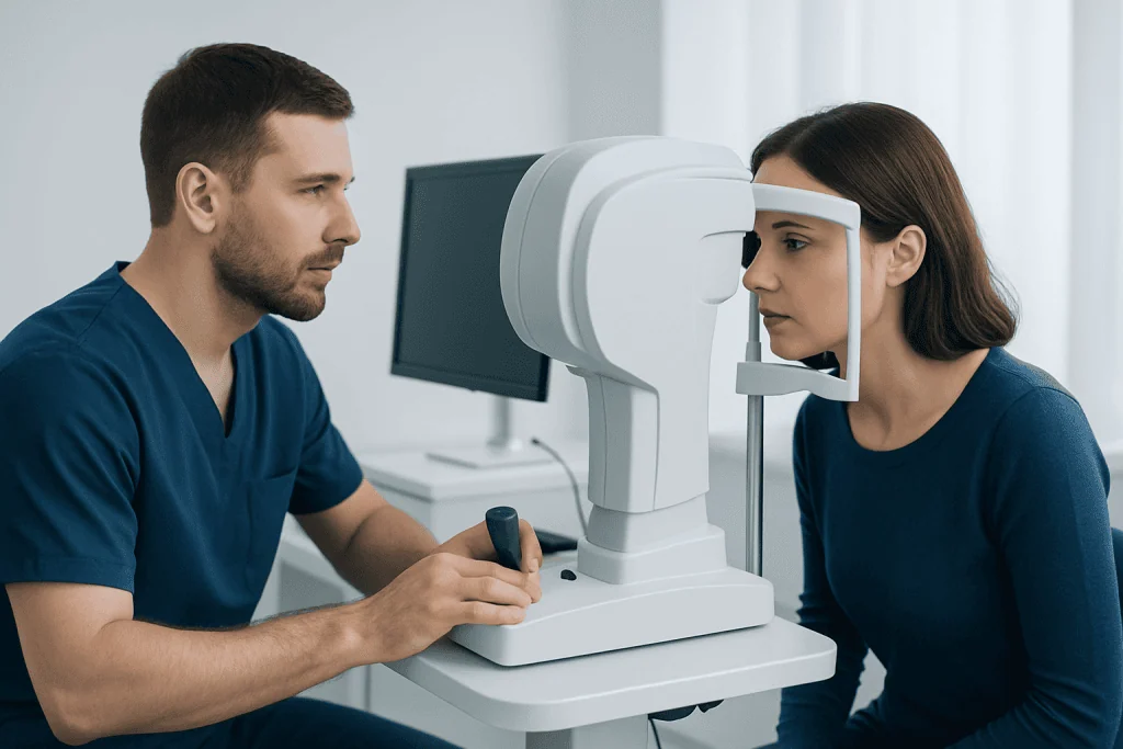 Optometrist performing eye exam with specialized equipment at Acibadem Hospital.