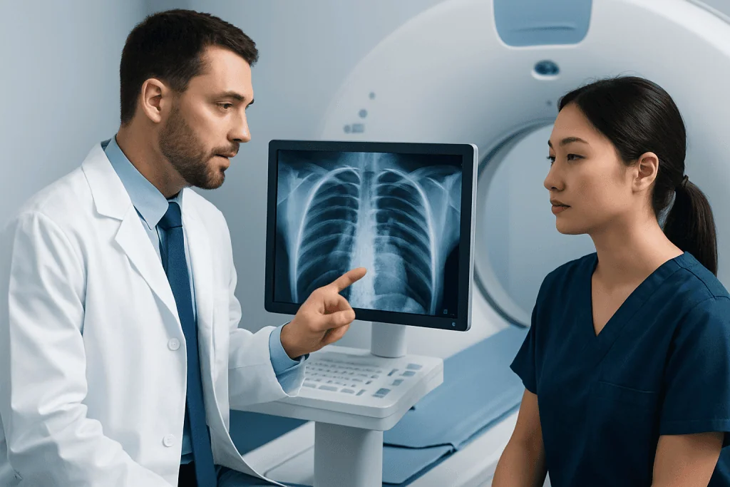 Doctor explaining chest X-ray to a patient in a medical facility.