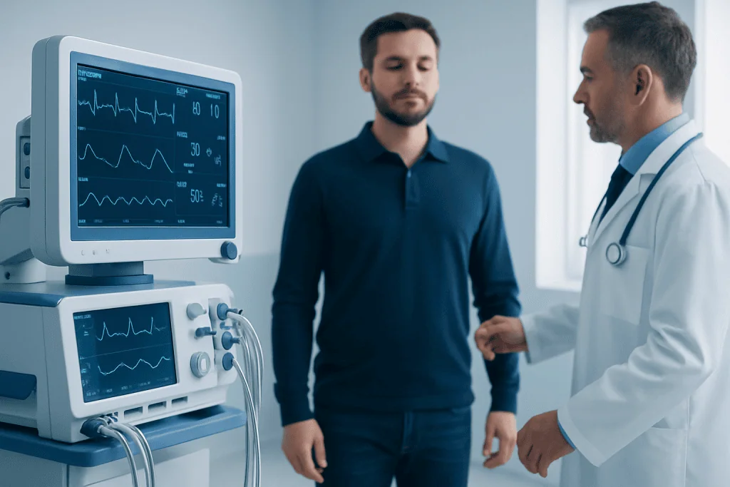Doctor explaining patient heart monitor readings in a hospital setting.