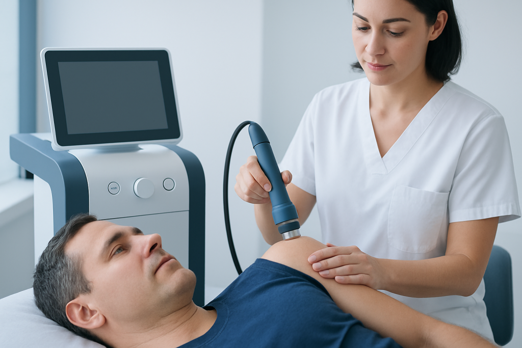Medical professional performing ultrasound on patient's shoulder for rotator cuff assessment.