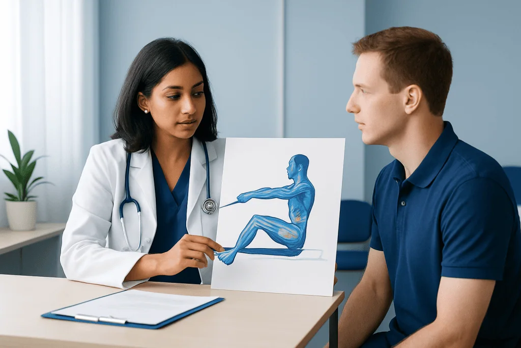 Doctor explaining muscle groups involved in rowing to patient.