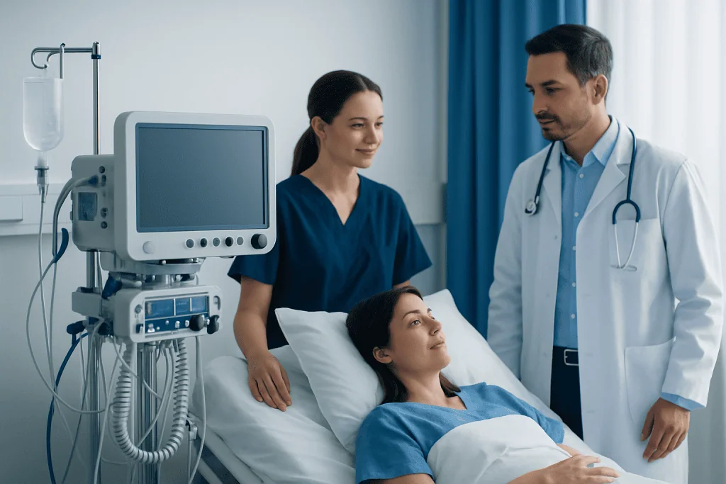 Hospital room with a patient, nurse, and doctor discussing care.