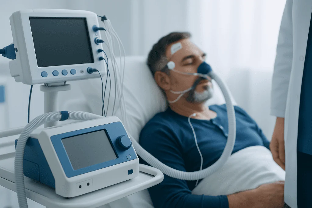Patient in hospital bed connected to sleep study monitoring equipment.
