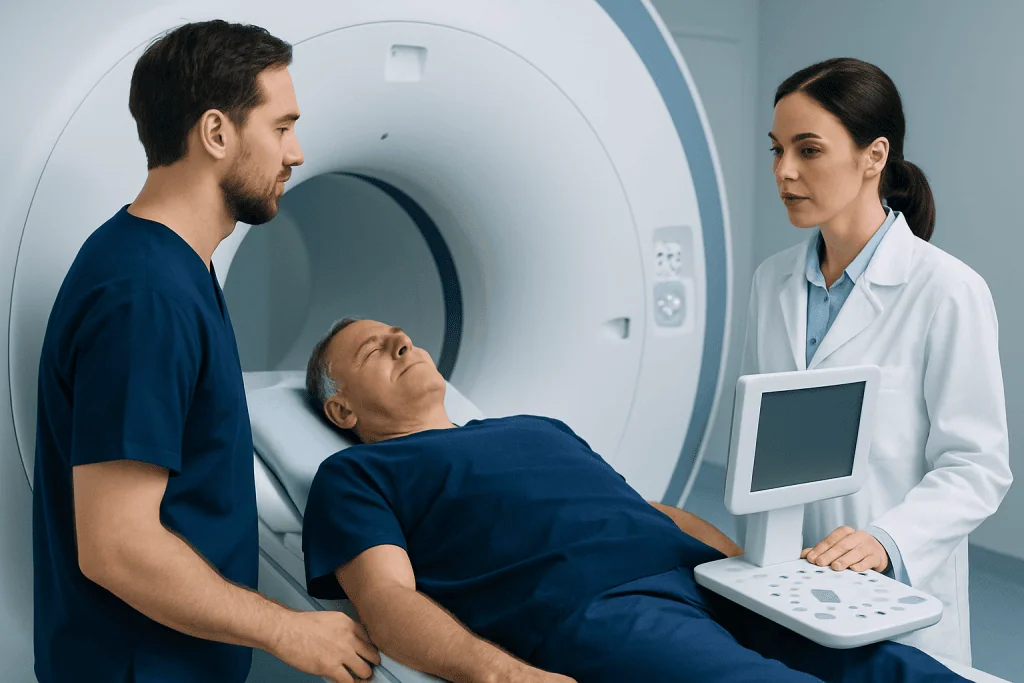 Patient undergoing MRI scan at Acibadem Hospital with medical staff present.