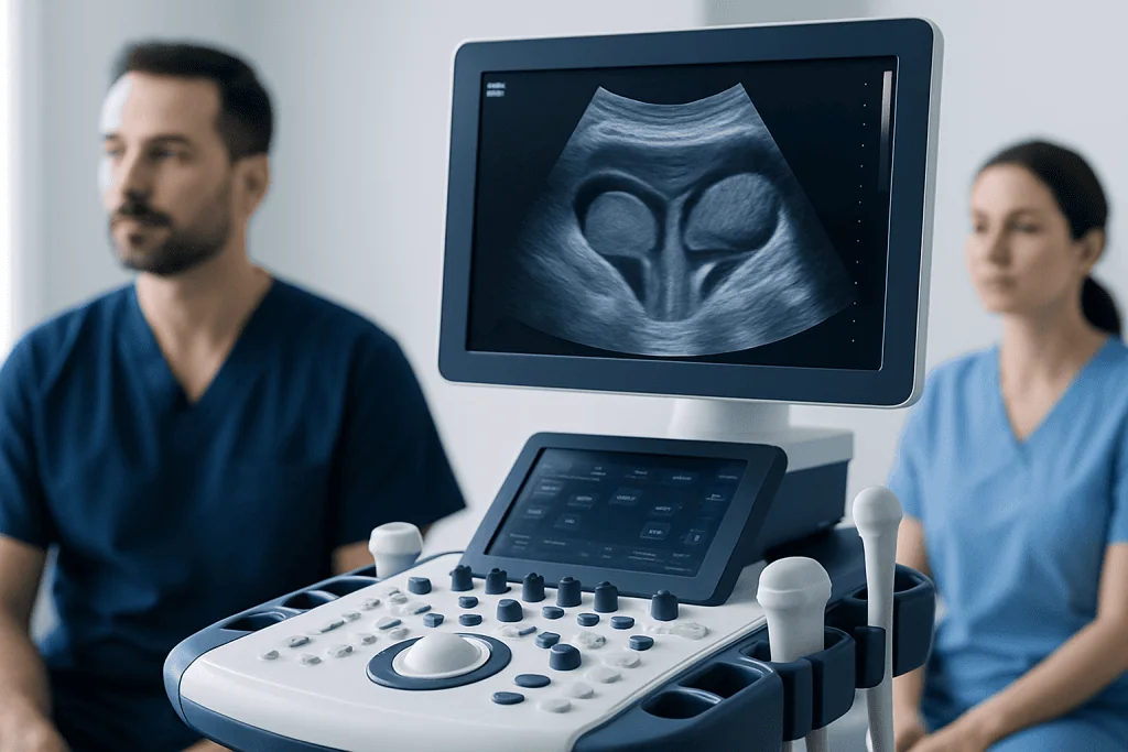 Medical ultrasound device showing a prostate scan image.