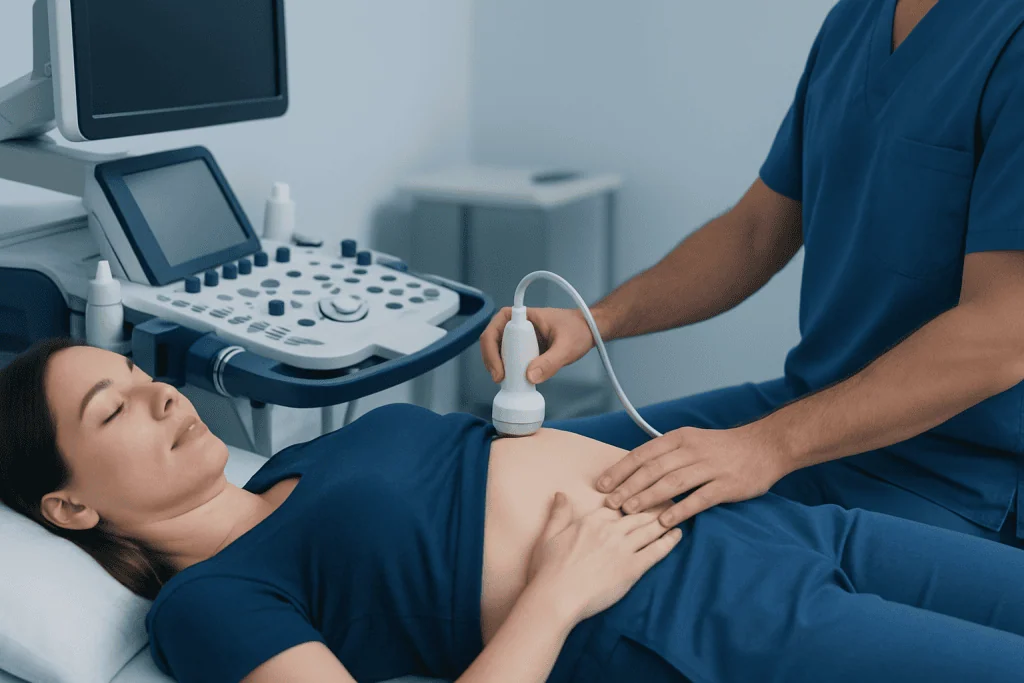 Medical professional performing an ultrasound on a patient's abdomen in a hospital setting.