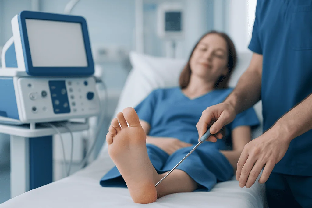 Medical professional examining patient's foot in hospital setting.