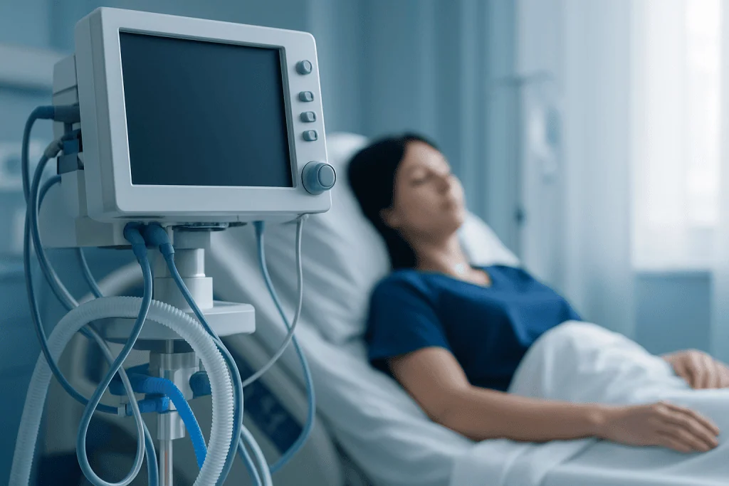 Patient in hospital bed connected to medical ventilator at Acibadem Hospital.