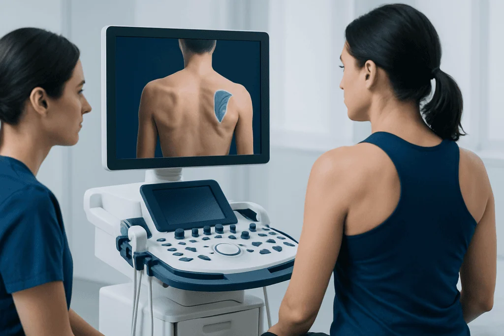 Medical examination of shoulder muscles using ultrasound imaging.