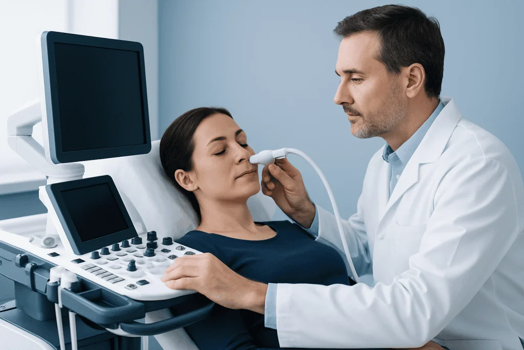 Doctor performing sinus examination on a patient in a hospital setting.