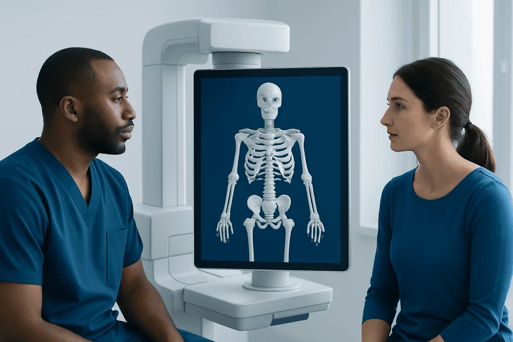Medical professionals analyzing a 3D skeletal model on a computer screen.