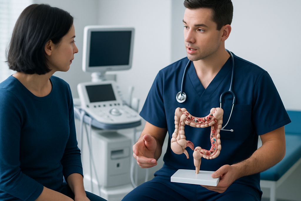 Doctor explaining colon anatomy to a patient in a medical consultation.