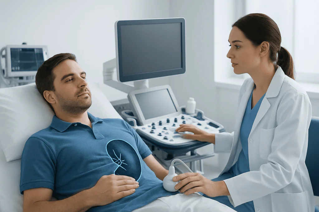 Doctor performing an ultrasound on a male patient in a hospital room.