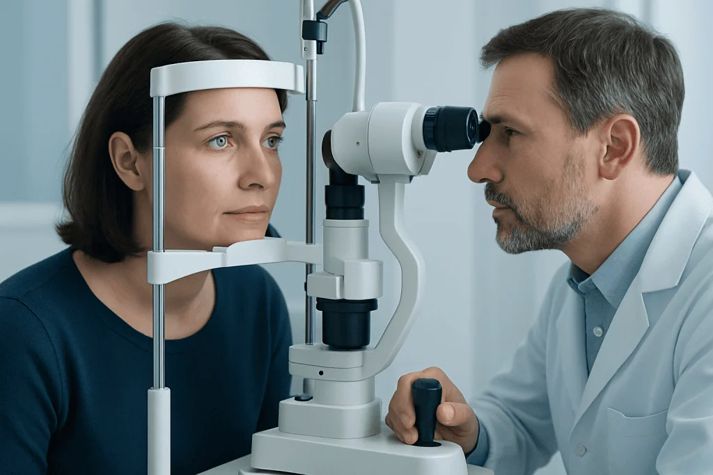 Ophthalmologist examining patient's eye with slit lamp at Acibadem Hospital.
