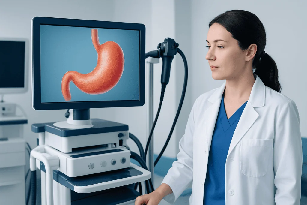 Medical professional examining stomach imaging on a monitor at Acibadem Hospitals.