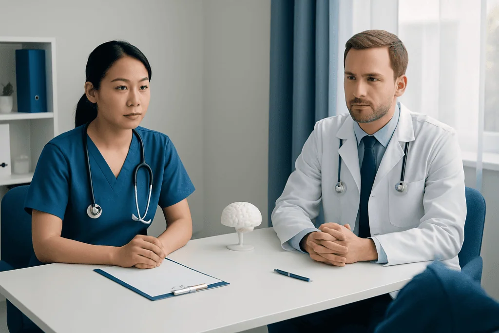 Medical professionals discussing stroke treatment options in a clinical setting.