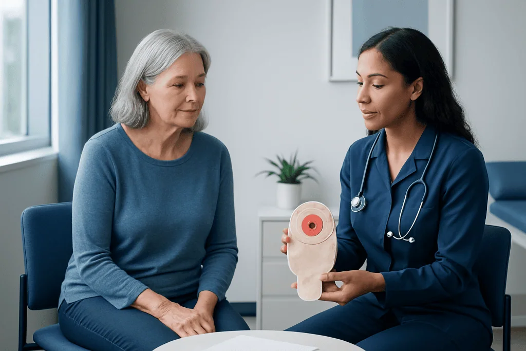 Medical professional explains urostomy to an elderly woman in a clinic.