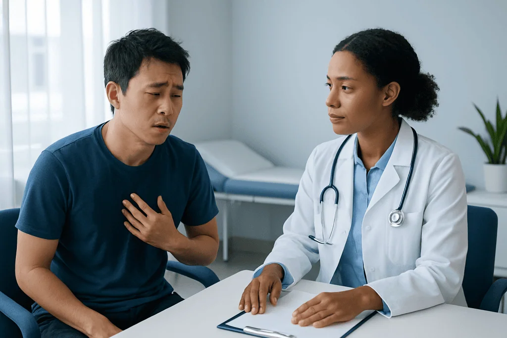 Patient experiencing chest discomfort during medical consultation at hospital.