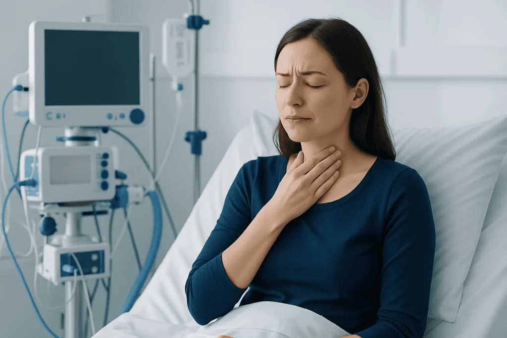 Woman experiencing throat pain in a hospital setting.