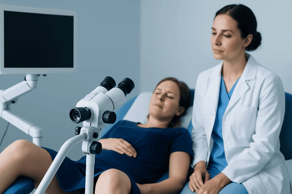 Medical examination of a woman using a microscope in a clinical setting.