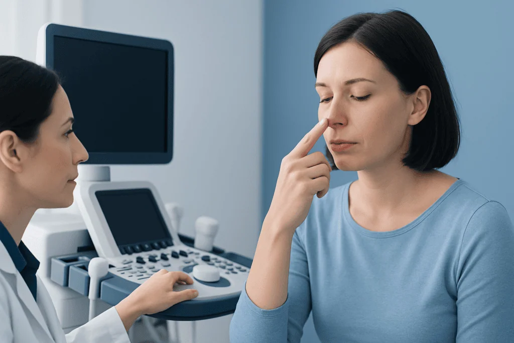 Woman experiencing nose tingling during medical consultation at Acibadem Hospital.