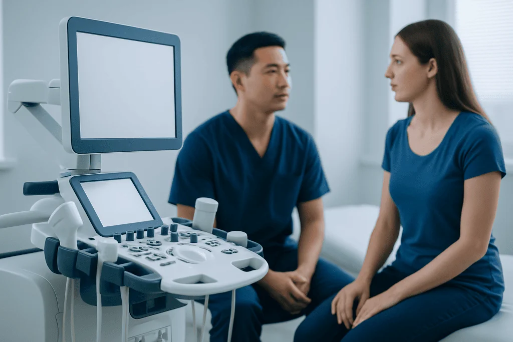 Doctor consulting patient with ultrasound machine in clinic setting.
