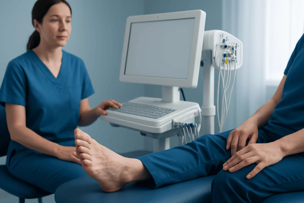 Medical examination of a patient's foot using ultrasound equipment in a clinic.