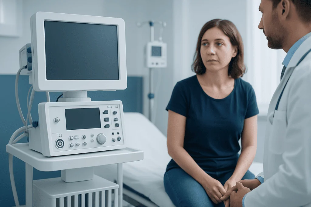 Doctor consulting a young woman in a hospital room with medical equipment.
