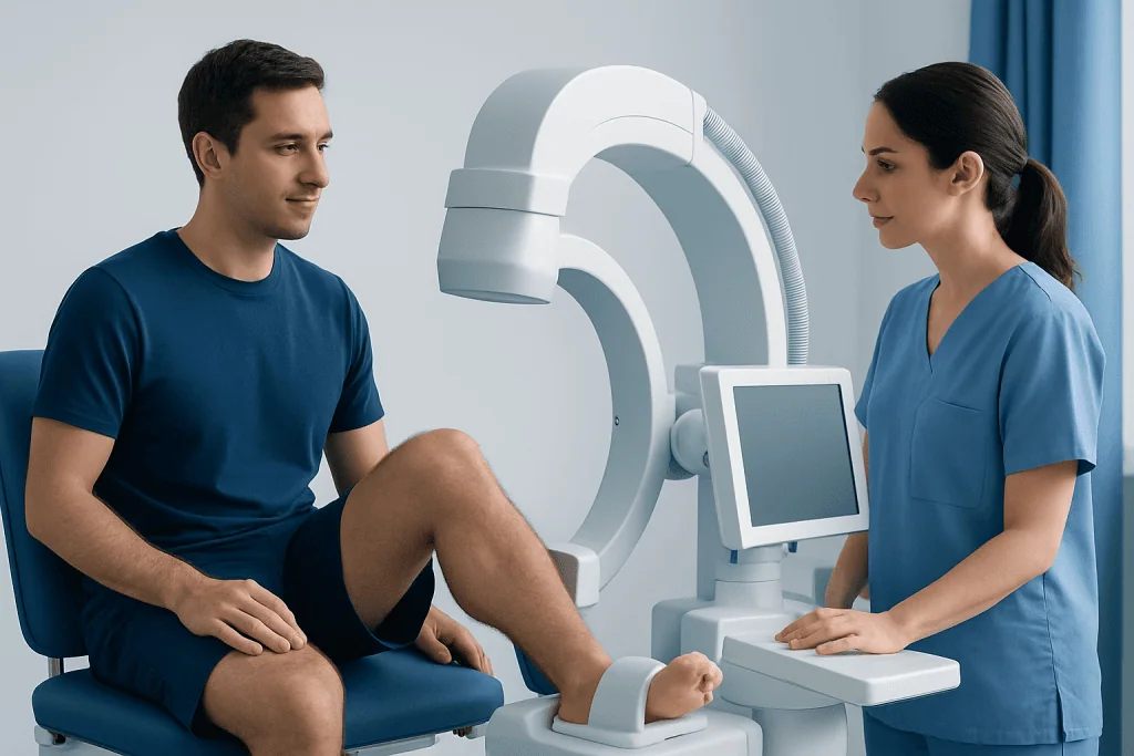 Patient undergoing diagnostic imaging at Acibadem Hospital with medical staff present.