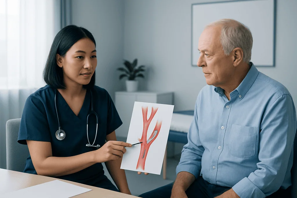 Doctor explaining carotid artery diagram to an elderly patient.